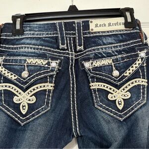Rock Revival Dark Blue skinny Jeans with Cream Embroidery & Rhinestones sz 25